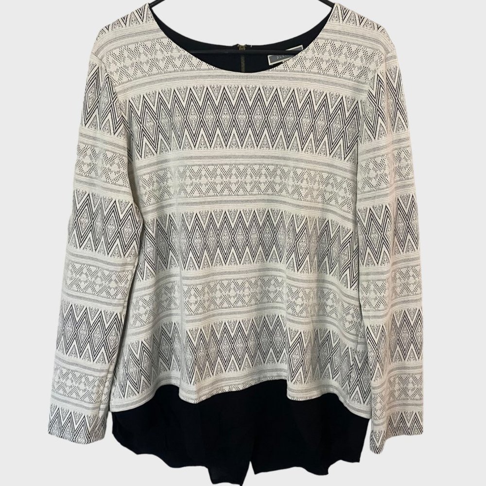 Pleione Textured Knit Scoop Neck Top Womens Size Large Diamond Print Long Sleeve